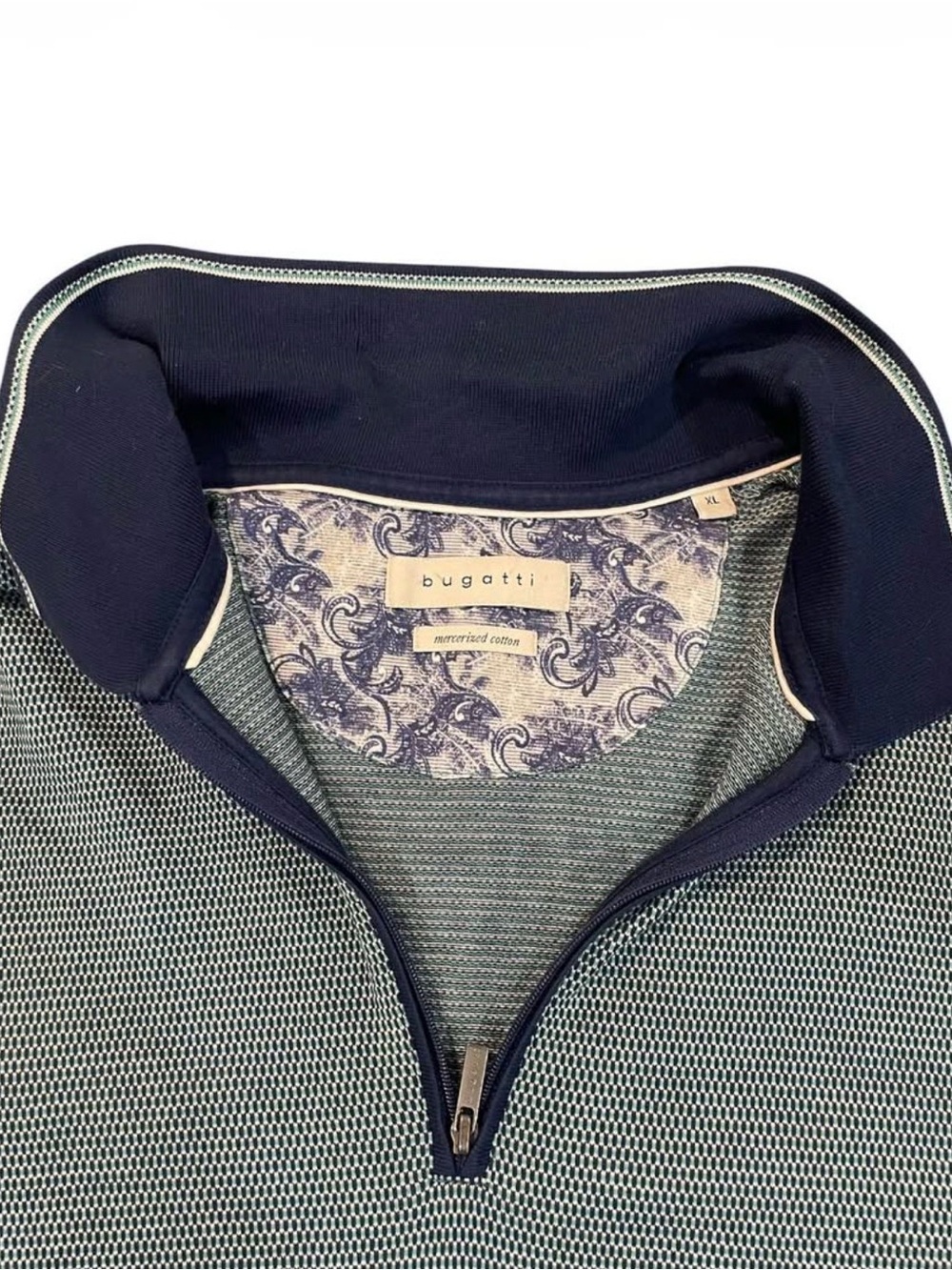 Bugatti Men’s Mercerized Cotton 1/4 Zip Polo Shirt XL Blue Green Geometric